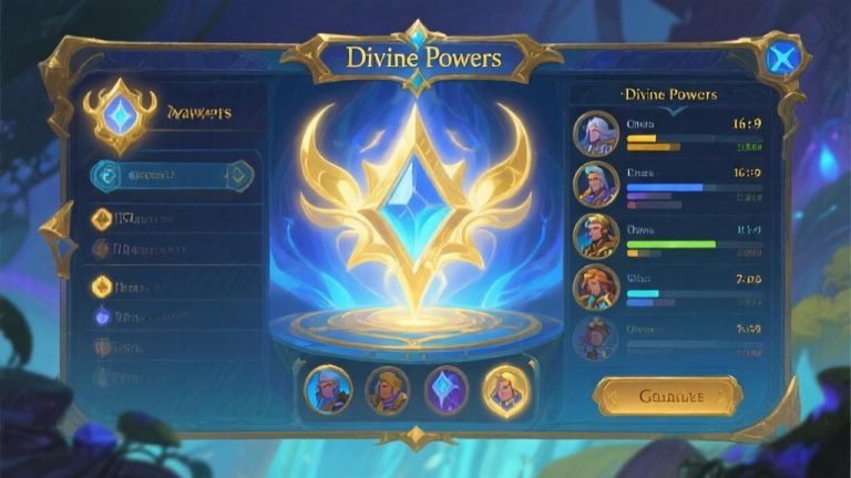 自动生成图片: Game interface screenshot showing divine powers management screen, fantasy art style, soft glowing effects, mystical color palette with blues and golds, detailed character status panel high quality illustration, detailed, 16:9