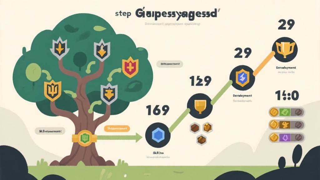 Step-by-step gameplay progression infographic showing skill tree development, resource management flow, and achievement milestones in minimalist design high quality illustration, detailed, 16:9