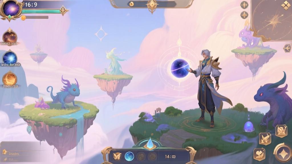 Fantasy game interface showing a character managing cosmic elements, soft pastel colors, divine aesthetic with floating islands and mystical creatures, digital art style high quality illustration, detailed, 16:9