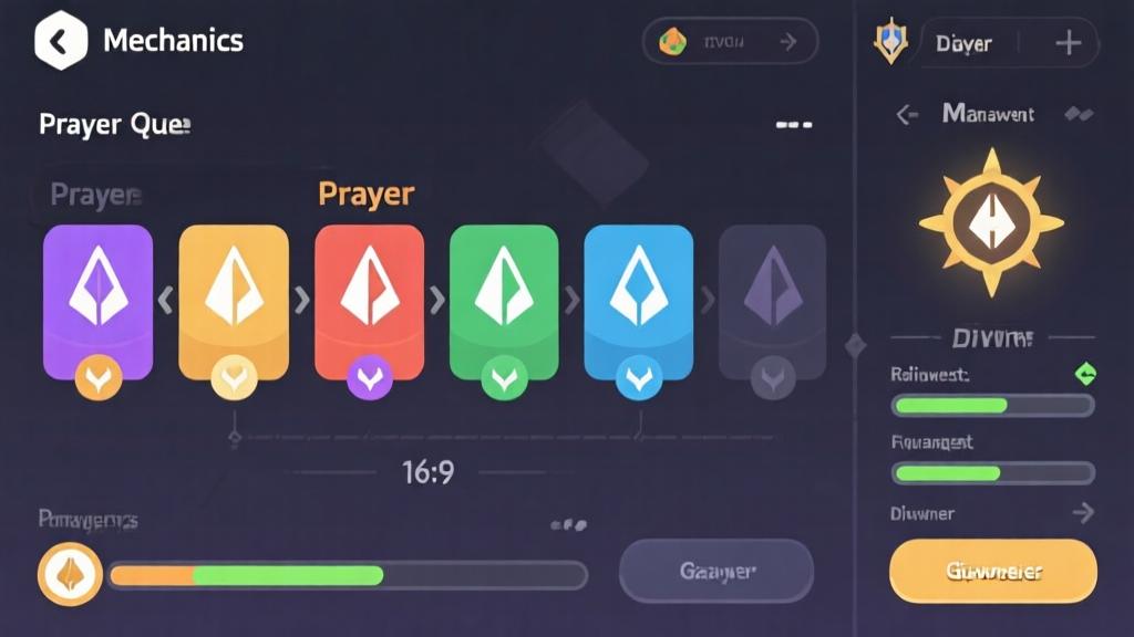 Game mechanics visualization showing prayer queue system with color-coded requests, divine power management interface, minimalist design with clean icons and progress bars high quality illustration, detailed, 16:9