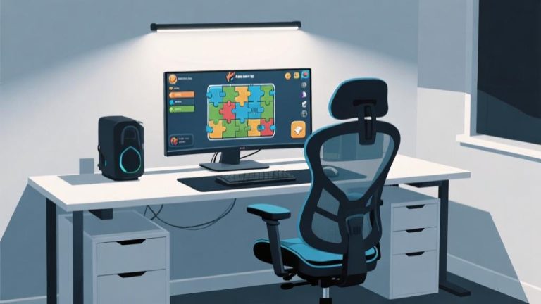自动生成图片: Minimalist workspace setup with optimal lighting conditions, gaming monitor with puzzle game interface, ergonomic chair, clean desk arrangement, professional gaming environment illustration high quality illustration, detailed, 16:9