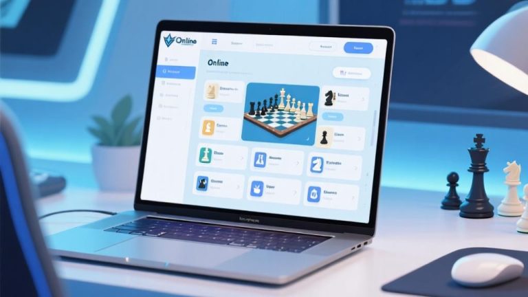 自动生成图片: Modern laptop screen showing online chess interface with multiple game options, soft blue and white color scheme, clean digital design, professional gaming setup high quality illustration, detailed, 16:9