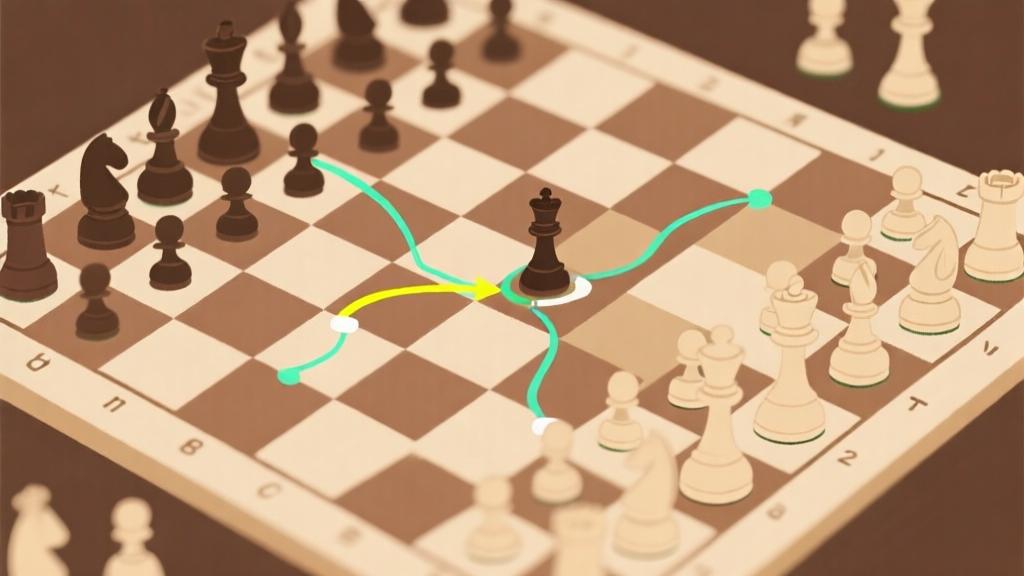 Chess board showing opening position with highlighted movement paths, soft beige and brown color scheme, educational diagram style, clear strategic markings high quality illustration, detailed, 16:9