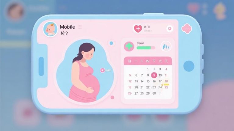 自动生成图片: Soft pastel colored mobile game interface showing pregnancy simulation dashboard, minimalist design with health indicators and calendar, gentle color palette with baby blue and pink accents high quality illustration, detailed, 16:9