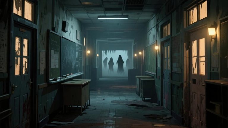 自动生成图片: Dark atmospheric school corridor with flickering lights, abandoned classroom doors, subtle ghostly silhouettes in the background, horror game environment, muted color palette high quality illustration, detailed, 16:9