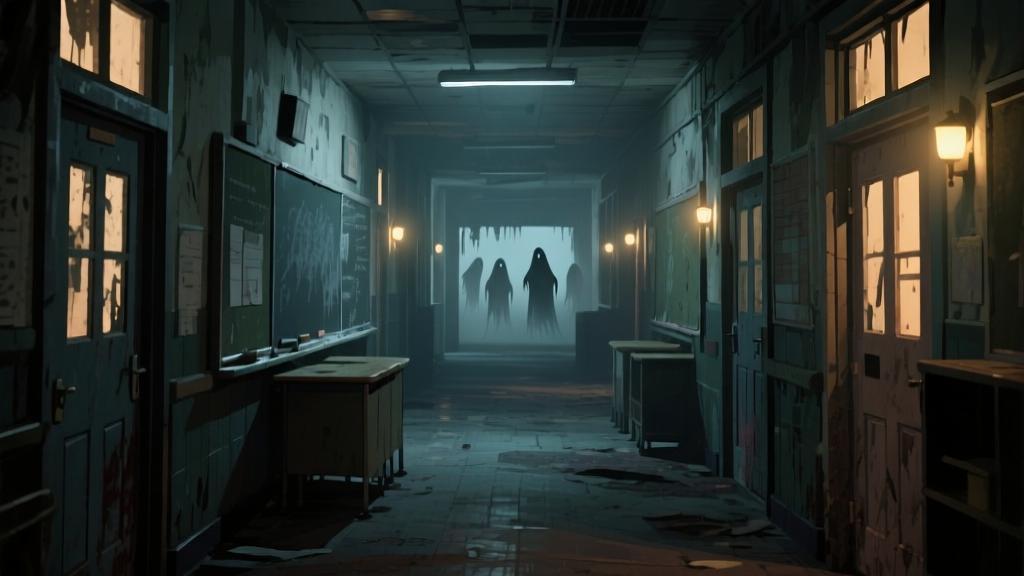 Dark atmospheric school corridor with flickering lights, abandoned classroom doors, subtle ghostly silhouettes in the background, horror game environment, muted color palette high quality illustration, detailed, 16:9