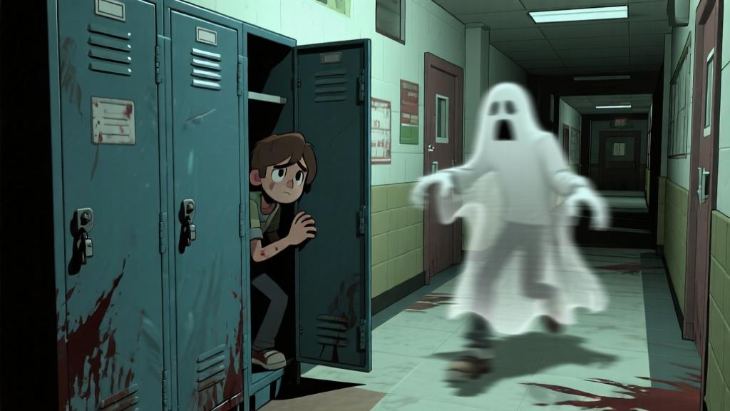 Game character hiding behind school locker, ghostly figure passing by in blurred motion, tension-filled corridor scene, survival horror gameplay moment high quality illustration, detailed, 16:9
