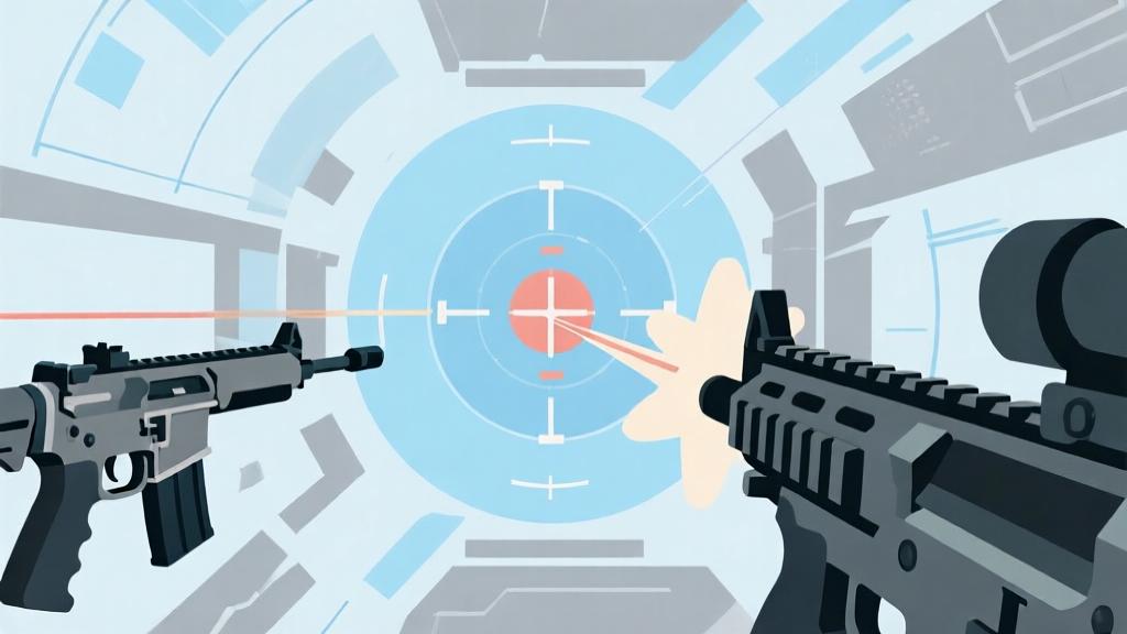 Abstract visualization of FPS game mechanics with weapon recoil patterns, crosshair movement trajectories, and hitbox detection areas, soft blue and gray color scheme, clean technical illustration style high quality illustration, detailed, 16:9