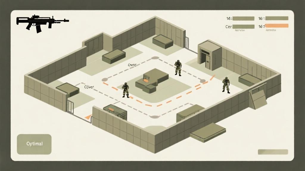 Tactical FPS positioning diagram showing optimal angles, cover usage, and movement paths between positions, minimalist design with soft tactical colors high quality illustration, detailed, 16:9