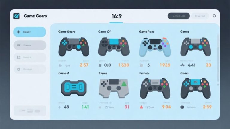 自动生成图片: Detailed infographic showing different types of game gear pieces with stats and attributes, soft blue and gray color scheme, clean gaming interface design, minimalist layout high quality illustration, detailed, 16:9