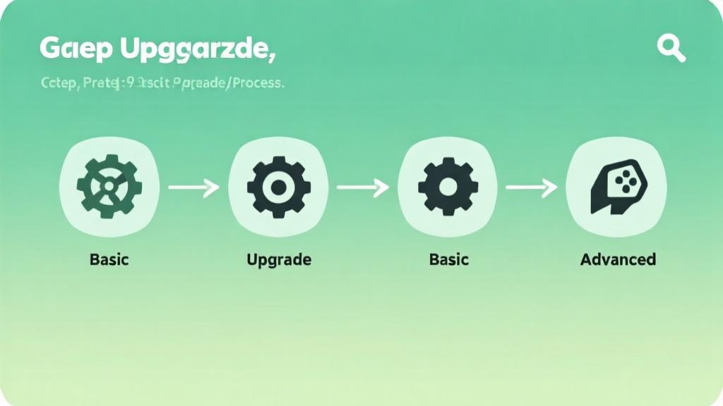 Step-by-step flowchart showing gear upgrade process from basic to advanced stages, connected nodes with icons, soft green gradient background, clean gaming tutorial style high quality illustration, detailed, 16:9