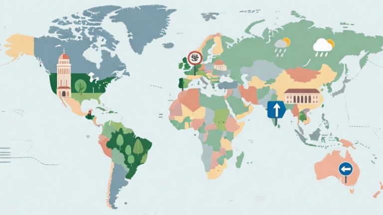 自动生成图片: World map with various visual clues overlay, including architecture styles, vegetation zones, road signs, and weather patterns, minimalist design with clear categorization, soft color coding for different regions high quality illustration, detailed, 16:9