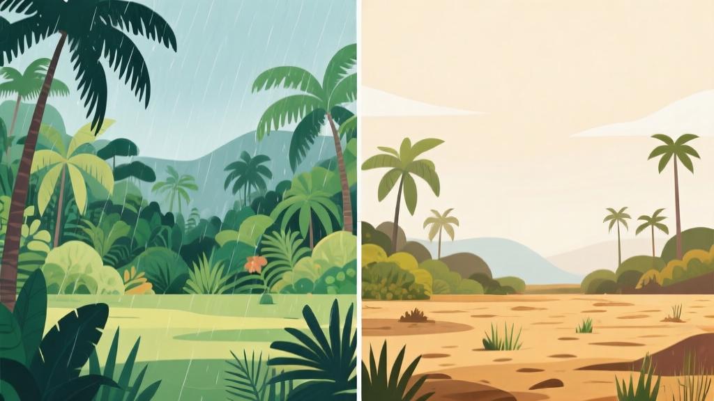 Seasonal landscape comparison showing tropical rainy season vs dry season, with clear visual differences in vegetation density and color saturation, minimalist style with side-by-side comparison high quality illustration, detailed, 16:9