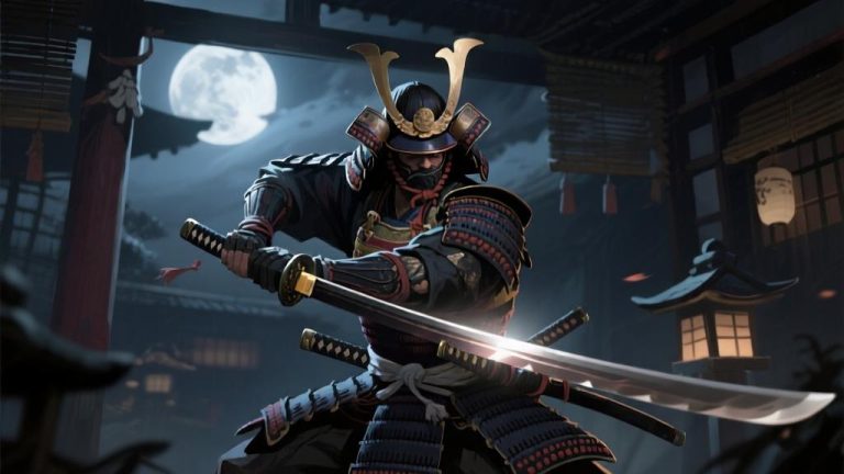 自动生成图片: Samurai character in dark traditional Japanese setting, holding katana in stealth position, dynamic lighting from moonlight, detailed game artwork style high quality illustration, detailed, 16:9