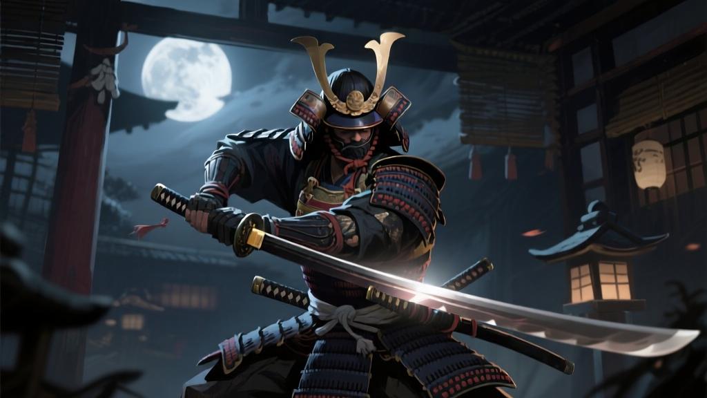 Samurai character in dark traditional Japanese setting, holding katana in stealth position, dynamic lighting from moonlight, detailed game artwork style high quality illustration, detailed, 16:9