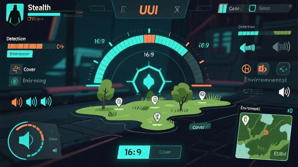 Game UI interface showing stealth mechanics, detection meter, sound indicators, and environmental cover points, modern game HUD design high quality illustration, detailed, 16:9