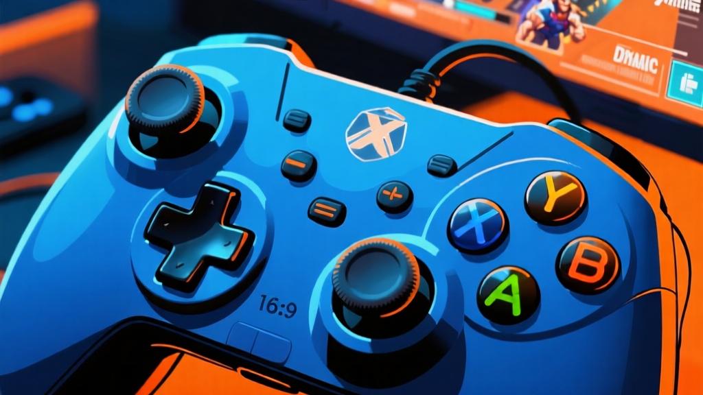 Game controller with highlighted action buttons, dynamic fighting game interface overlay, blue and orange color scheme, professional gaming setup illustration high quality illustration, detailed, 16:9