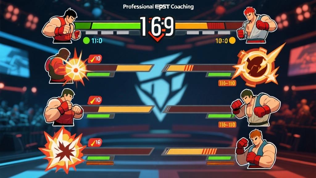 Fighting game combo sequence visualization with connected attack icons, timing indicators between moves, professional esports coaching material style high quality illustration, detailed, 16:9