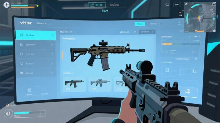 自动生成图片: Modern first-person shooter game interface showing weapon selection and tactical HUD, cool blue and gray color scheme, professional gaming setup, clean minimal design high quality illustration, detailed, 16:9