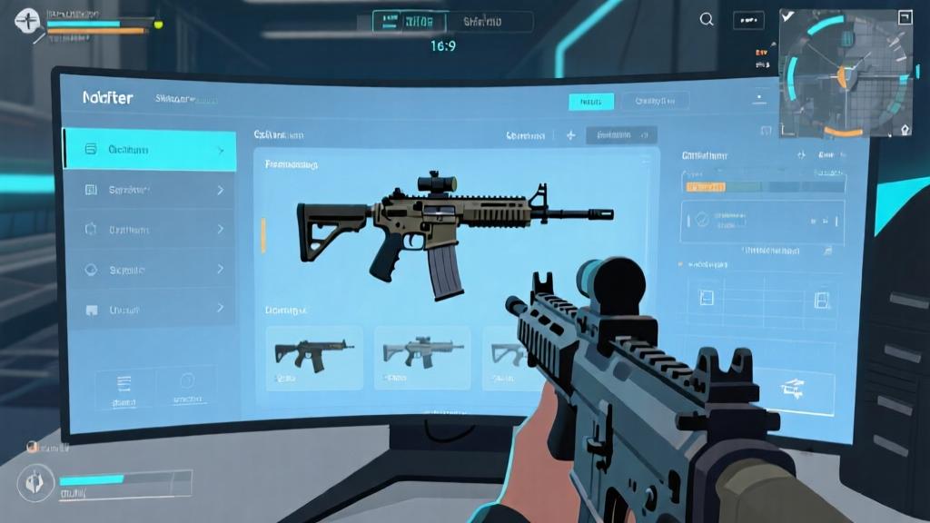 Modern first-person shooter game interface showing weapon selection and tactical HUD, cool blue and gray color scheme, professional gaming setup, clean minimal design high quality illustration, detailed, 16:9