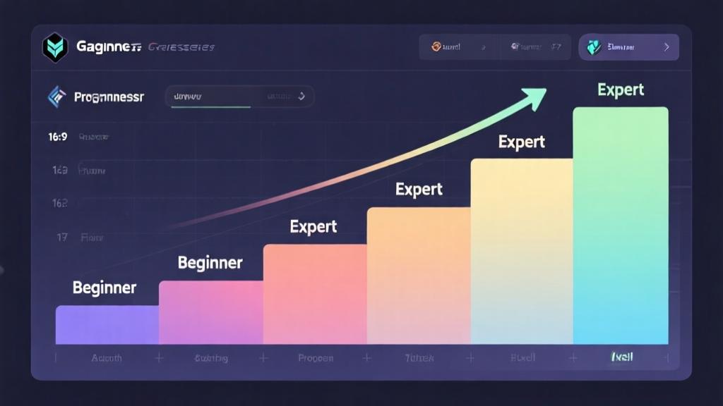 Abstract skill progression chart showing growth from beginner to expert level, soft gradient colors, clean dashboard style, professional gaming analytics visualization high quality illustration, detailed, 16:9