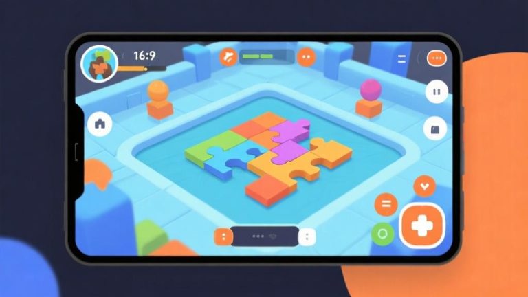 自动生成图片: Modern mobile gaming interface showing colorful puzzle battle arena, minimalist design with clean icons, soft blue and orange color scheme, professional game UI illustration high quality illustration, detailed, 16:9
