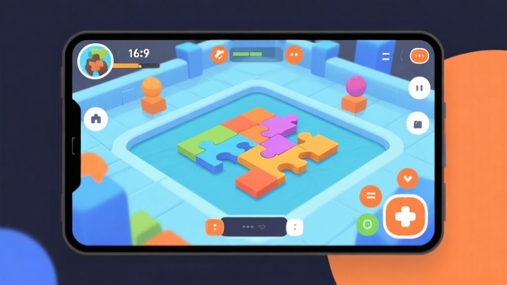Modern mobile gaming interface showing colorful puzzle battle arena, minimalist design with clean icons, soft blue and orange color scheme, professional game UI illustration high quality illustration, detailed, 16:9