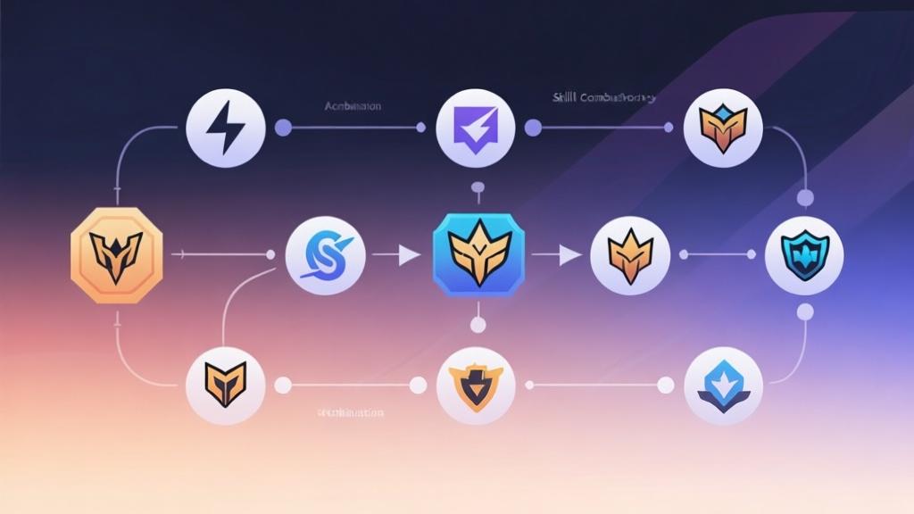 Abstract flowchart showing skill combination sequences, connected nodes with ability icons, soft gradient background, professional gaming strategy visualization high quality illustration, detailed, 16:9