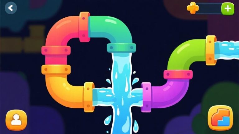 自动生成图片: Colorful pipe puzzle game interface showing connected pipes with water flowing, bright colors on dark background, mobile game screenshot style, clean and engaging visual high quality illustration, detailed, 16:9
