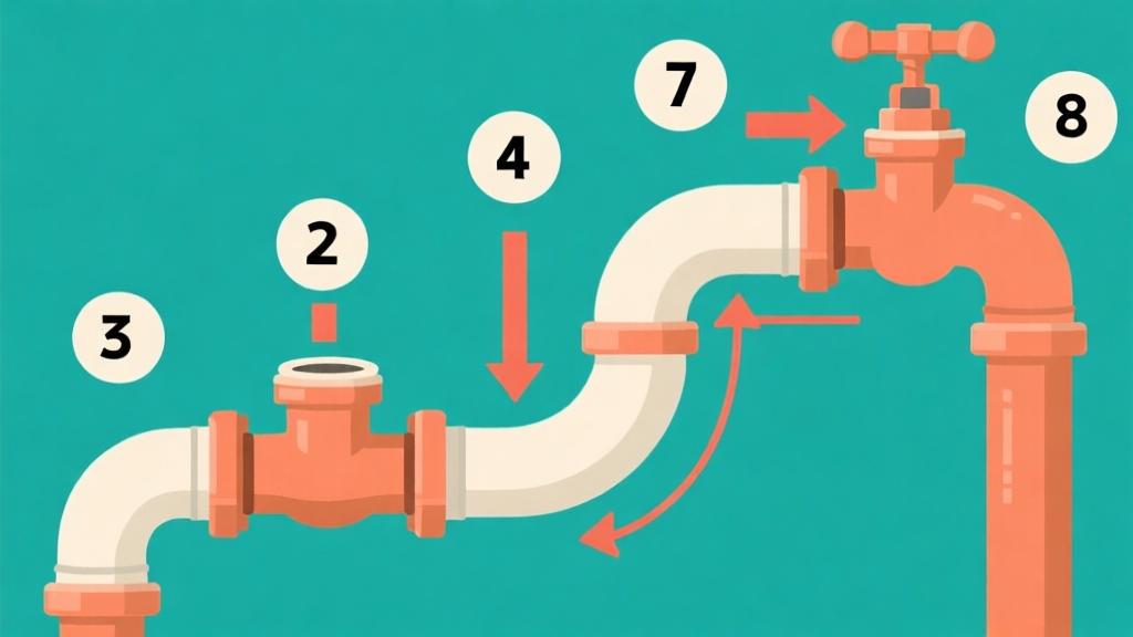 Step-by-step pipe connection diagram showing progression from start to finish, numbered steps with arrows, educational infographic style, clear visual instructions high quality illustration, detailed, 16:9