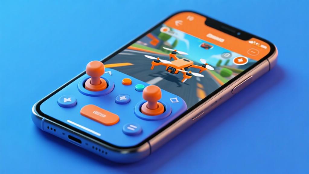 Smartphone screen showing drone racing game controls with virtual joysticks and buttons, clean interface design, blue and orange color scheme, gaming app visualization high quality illustration, detailed, 16:9