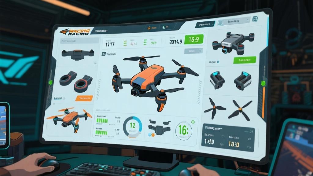 Customization screen of drone racing game showing various drone parts and statistics, modular design interface, technical gaming setup visualization high quality illustration, detailed, 16:9