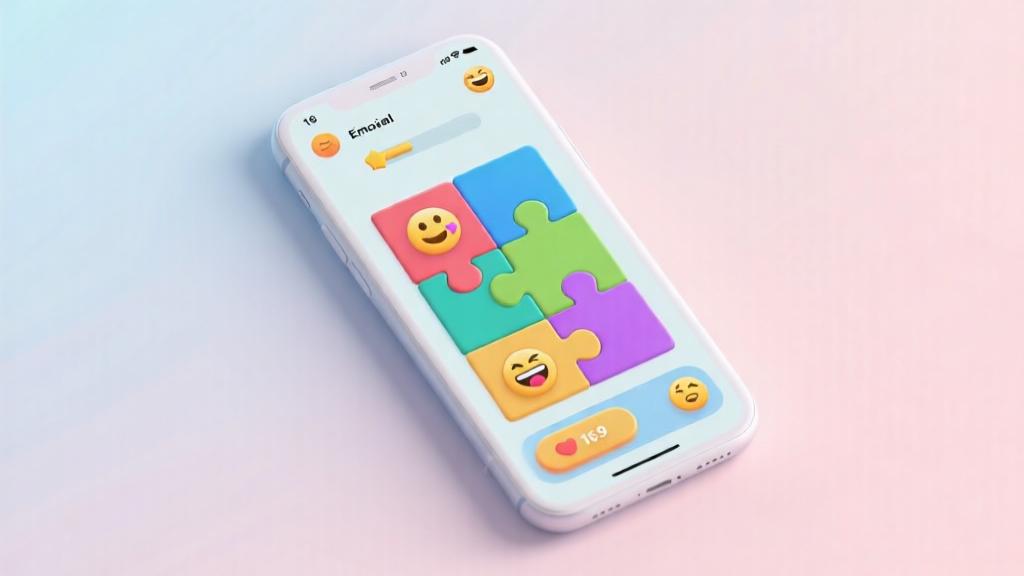 Minimalist smartphone mockup showing emotional puzzle game interface with colorful geometric shapes and emotion icons, soft pastel background, clean modern design high quality illustration, detailed, 16:9