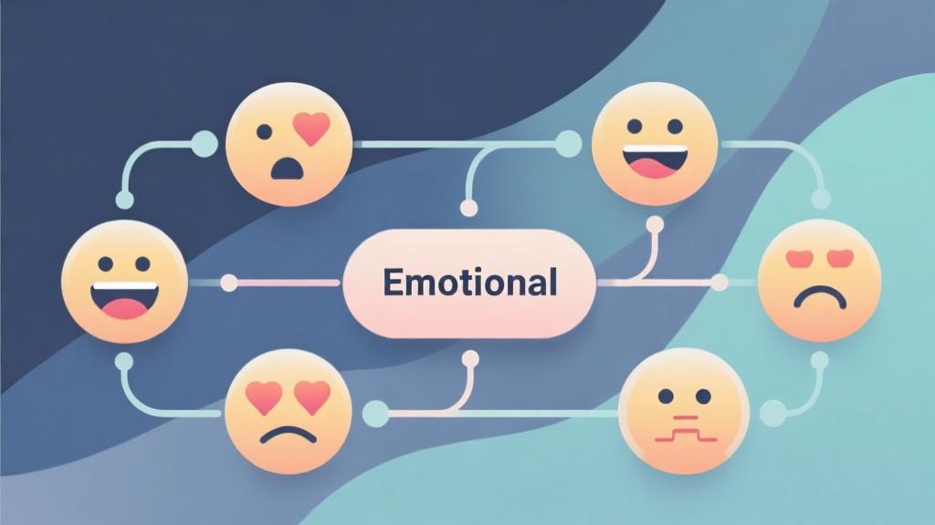Abstract flowchart showing emotional decision-making process with connected nodes and emotion icons, soft color palette, clean business infographic style high quality illustration, detailed, 16:9