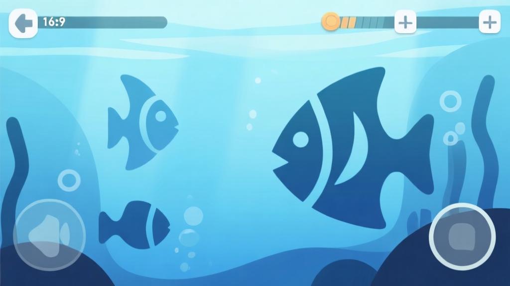 Minimalist underwater game scene with abstract fish shapes, soft blue gradient background, clean game interface elements, professional mobile game illustration high quality illustration, detailed, 16:9