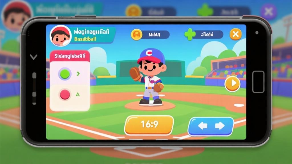 Modern mobile baseball game interface showing character selection screen, colorful cartoon style, Indonesian language text, simple controls layout high quality illustration, detailed, 16:9