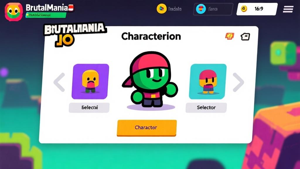 BrutalMania.io game interface showing character selection screen, minimalist design with vibrant colors, Indonesian language text visible, clean gaming UI layout high quality illustration, detailed, 16:9