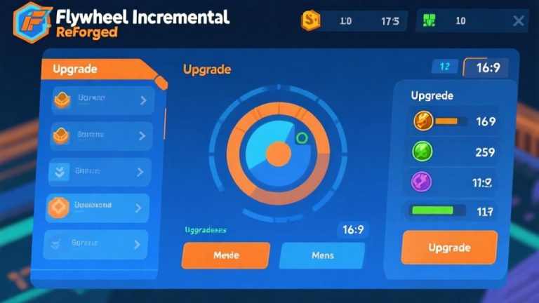 自动生成图片: Game interface screenshot of Flywheel Incremental: Reforged showing upgrade menus and resource counters, clean minimalist design with blue and orange color scheme, digital dashboard style high quality illustration, detailed, 16:9