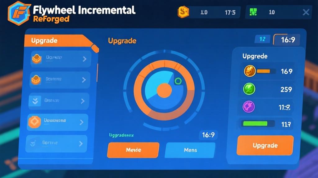 Game interface screenshot of Flywheel Incremental: Reforged showing upgrade menus and resource counters, clean minimalist design with blue and orange color scheme, digital dashboard style high quality illustration, detailed, 16:9