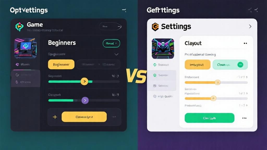 Side-by-side comparison of game settings interface showing optimal configuration for beginners, clean layout with highlighted important options, professional gaming setup high quality illustration, detailed, 16:9