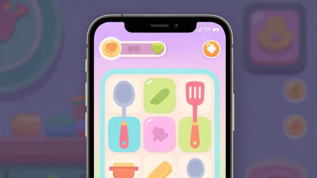 Minimalist smartphone screen showing colorful cooking game interface, soft pastel colors, clean cooking utensils icons, simple game layout design high quality illustration, detailed, 16:9
