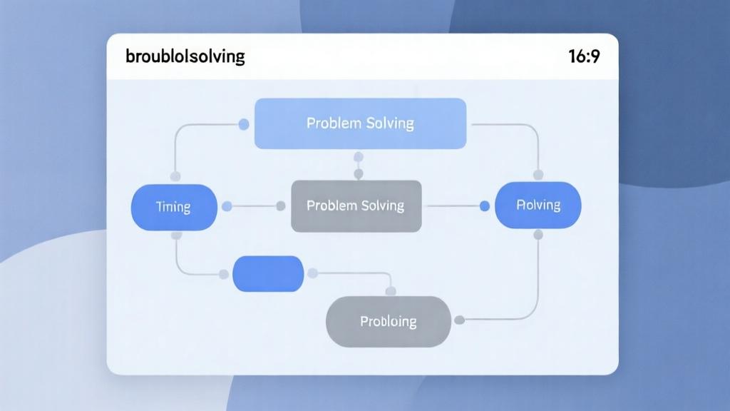Simple troubleshooting flowchart with connected nodes, soft blue and gray color scheme, clean problem-solving diagram, minimal business presentation style high quality illustration, detailed, 16:9