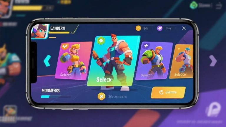 自动生成图片: Modern mobile gaming interface showing character selection screen, vibrant colors, clean layout, action game elements, professional mobile game design high quality illustration, detailed, 16:9