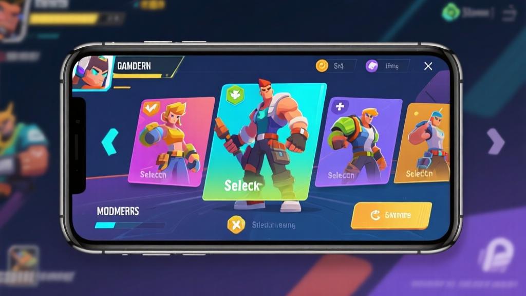 Modern mobile gaming interface showing character selection screen, vibrant colors, clean layout, action game elements, professional mobile game design high quality illustration, detailed, 16:9