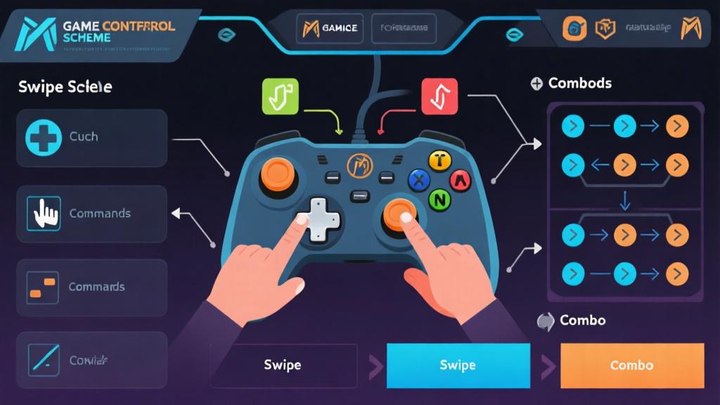 Action game control scheme diagram showing swipe gestures, touch commands, and combo sequences, professional gaming interface design high quality illustration, detailed, 16:9