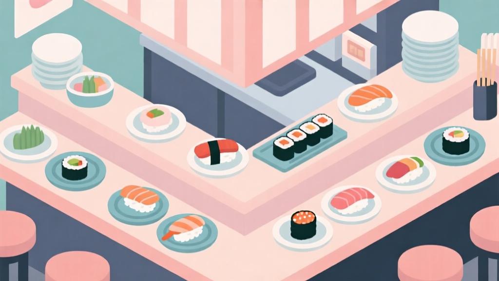 Minimalist illustration of a sushi restaurant counter with various plates, soft pastel colors, clean lines, casual game aesthetic, isometric perspective high quality illustration, detailed, 16:9