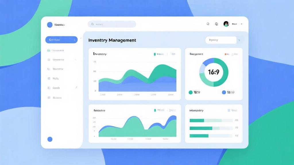 Abstract business dashboard showing inventory management, soft blue and green color scheme, clean data visualization, minimalist design high quality illustration, detailed, 16:9