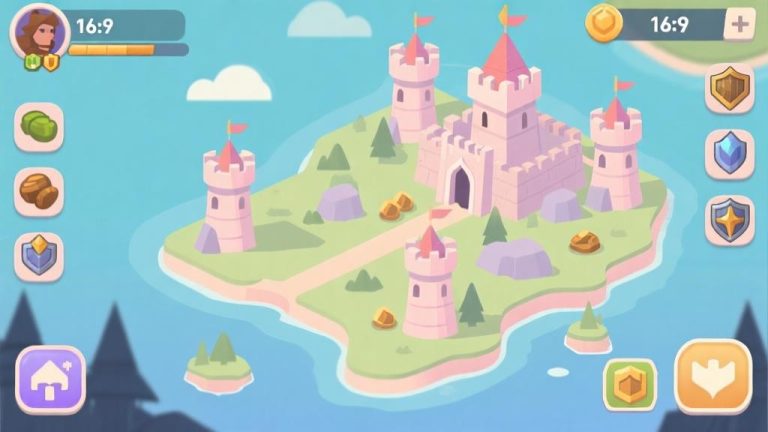 自动生成图片: Minimalist game interface illustration showing a fantasy kingdom map with defensive towers, soft pastel colors, clean icons for resources and units, mobile game aesthetic high quality illustration, detailed, 16:9