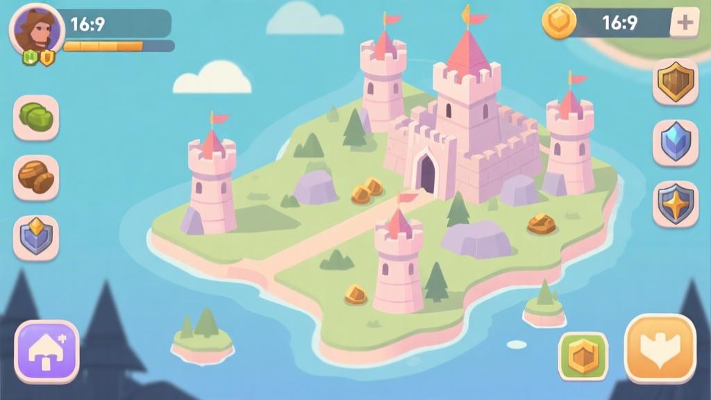 Minimalist game interface illustration showing a fantasy kingdom map with defensive towers, soft pastel colors, clean icons for resources and units, mobile game aesthetic high quality illustration, detailed, 16:9
