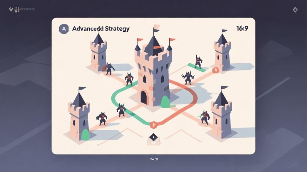 Advanced strategy infographic showing tower combinations and enemy paths, minimalist design with clean lines, soft color palette, professional game strategy visualization high quality illustration, detailed, 16:9